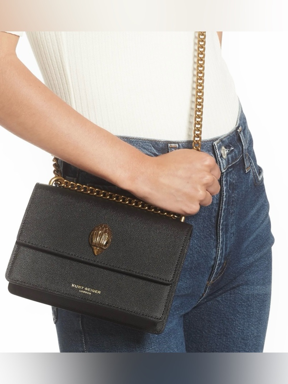Kurt Geiger Black Leather Crossbody with Gold Chain